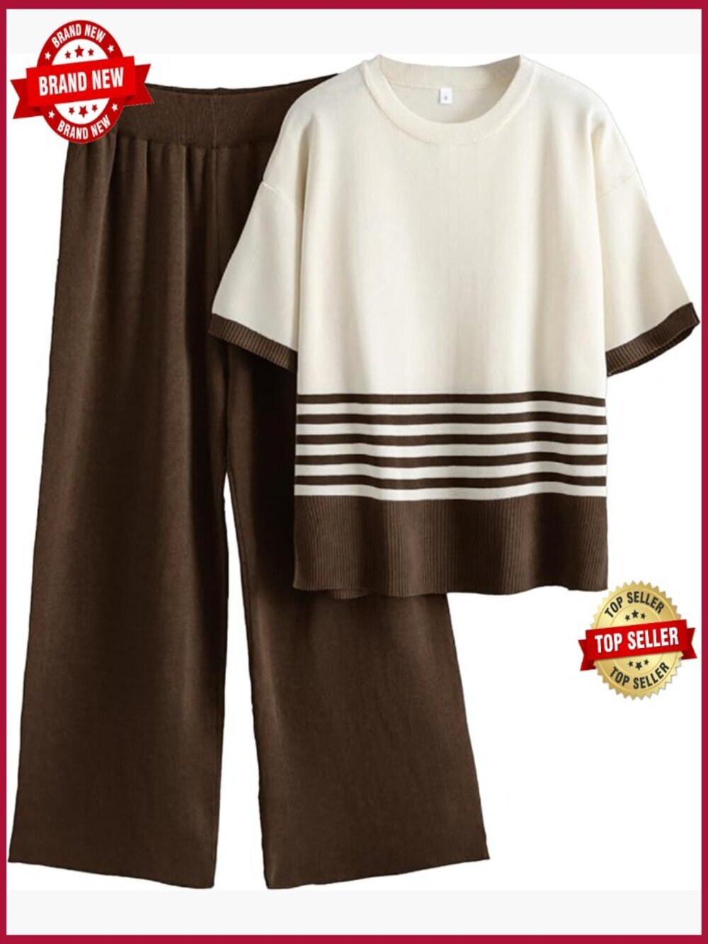 Knit Lounge Sets 2 Piece Pullover Crew Neck Short Sleeve Wide Leg Pants